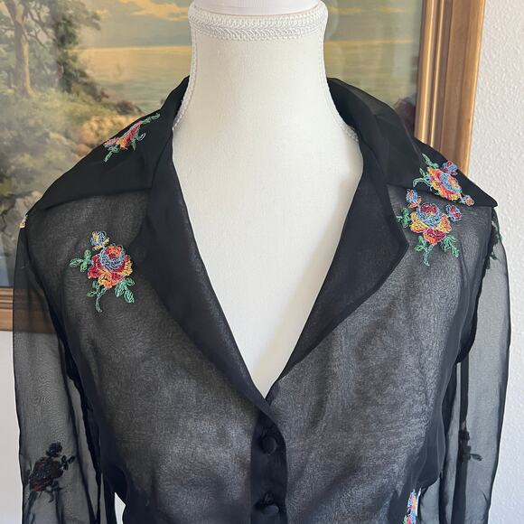Vintage 70s black sheer crop top blouse floral embroidered boho whimsigoth Small - Picture 6 of 10